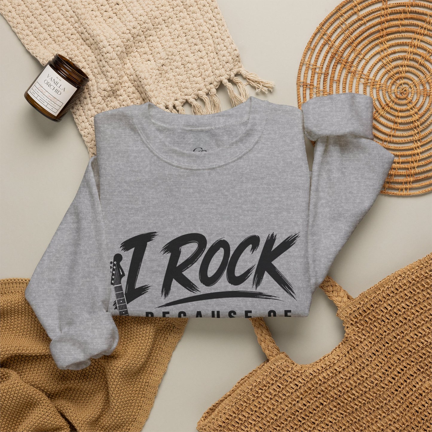I Rock Because of Jesus Sweatshirt - Christian Guitar Crewneck