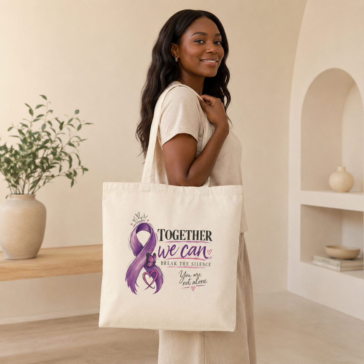 Break the Silence of Domestic Abuse Awareness Tote Bag | Purple Ribbon Canvas Tote