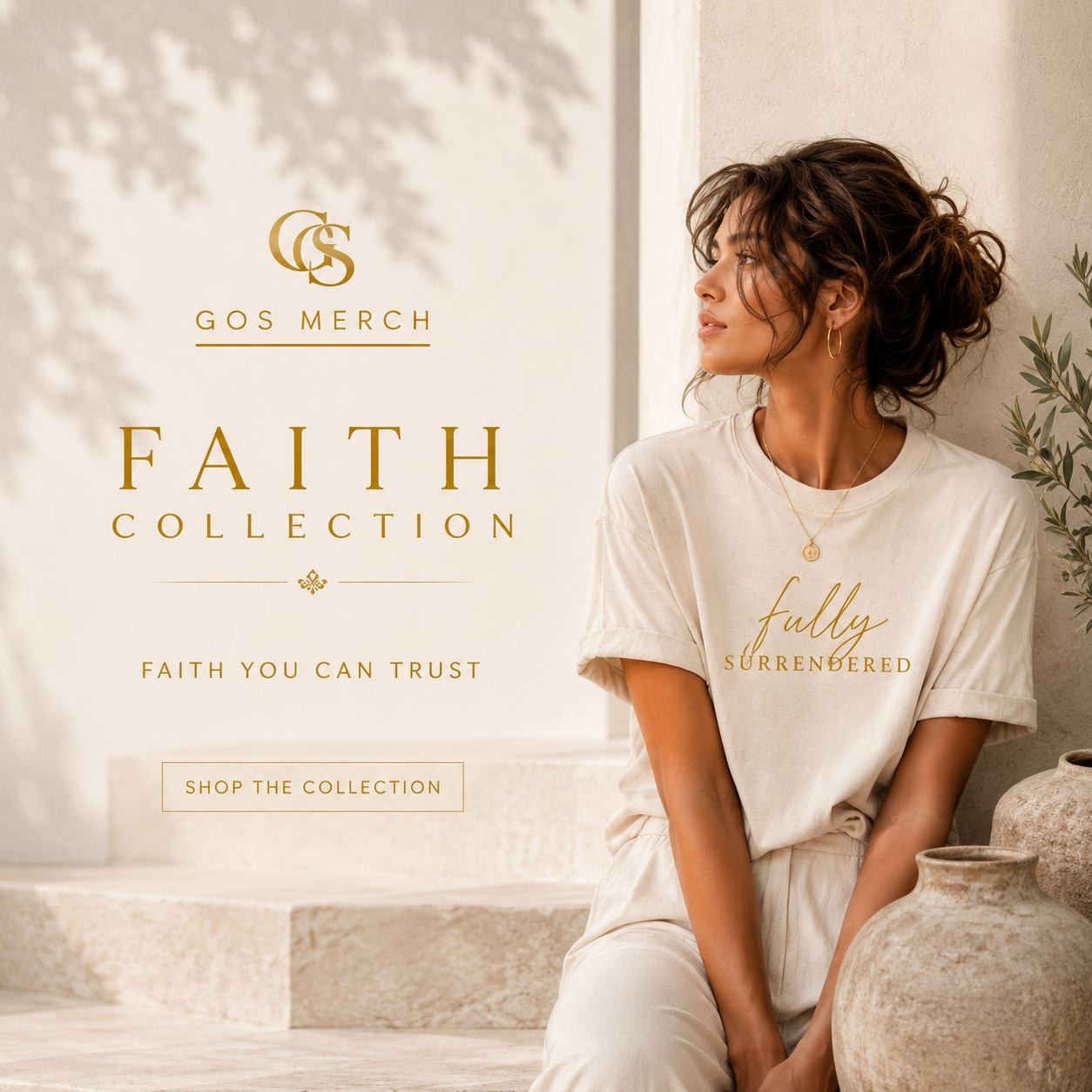 Faith Collection featuring a woman wearing the Fully Surrendered premium Christian t-shirt by GOS MERCH in an elegant lifestyle setting.