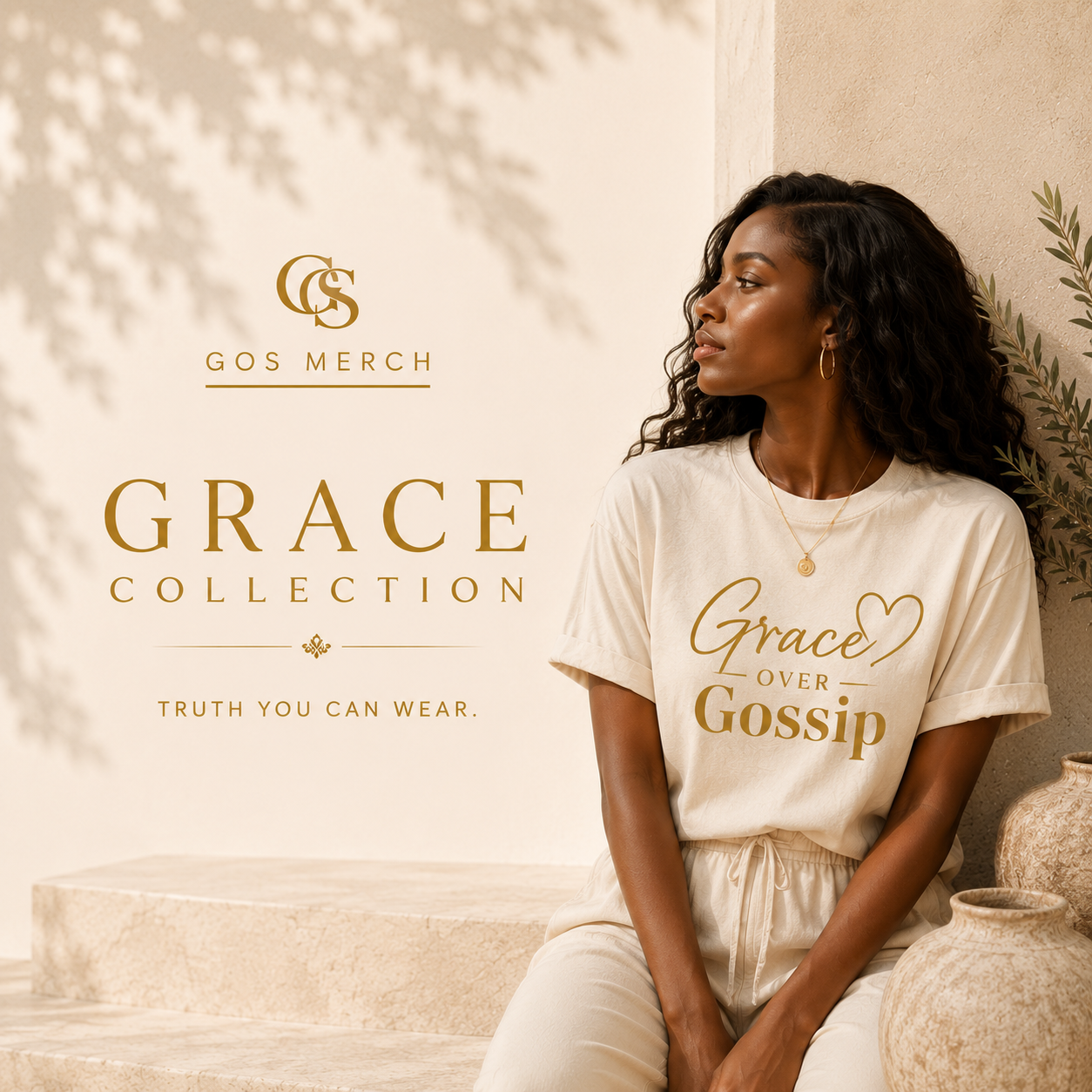 Grace Collection featuring the Grace Over Gossip premium Christian t-shirt by GOS MERCH in an elegant lifestyle setting.