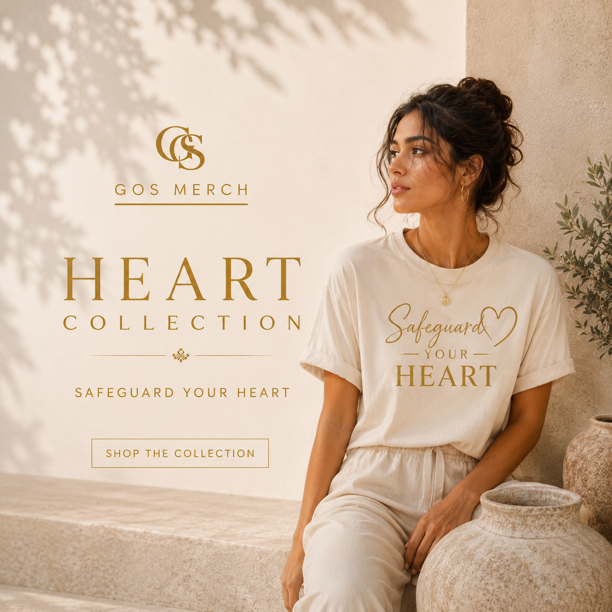 Heart Collection featuring the Safeguard Your Heart premium Christian tee by GOS MERCH with an Indian woman in a peaceful editorial setting.