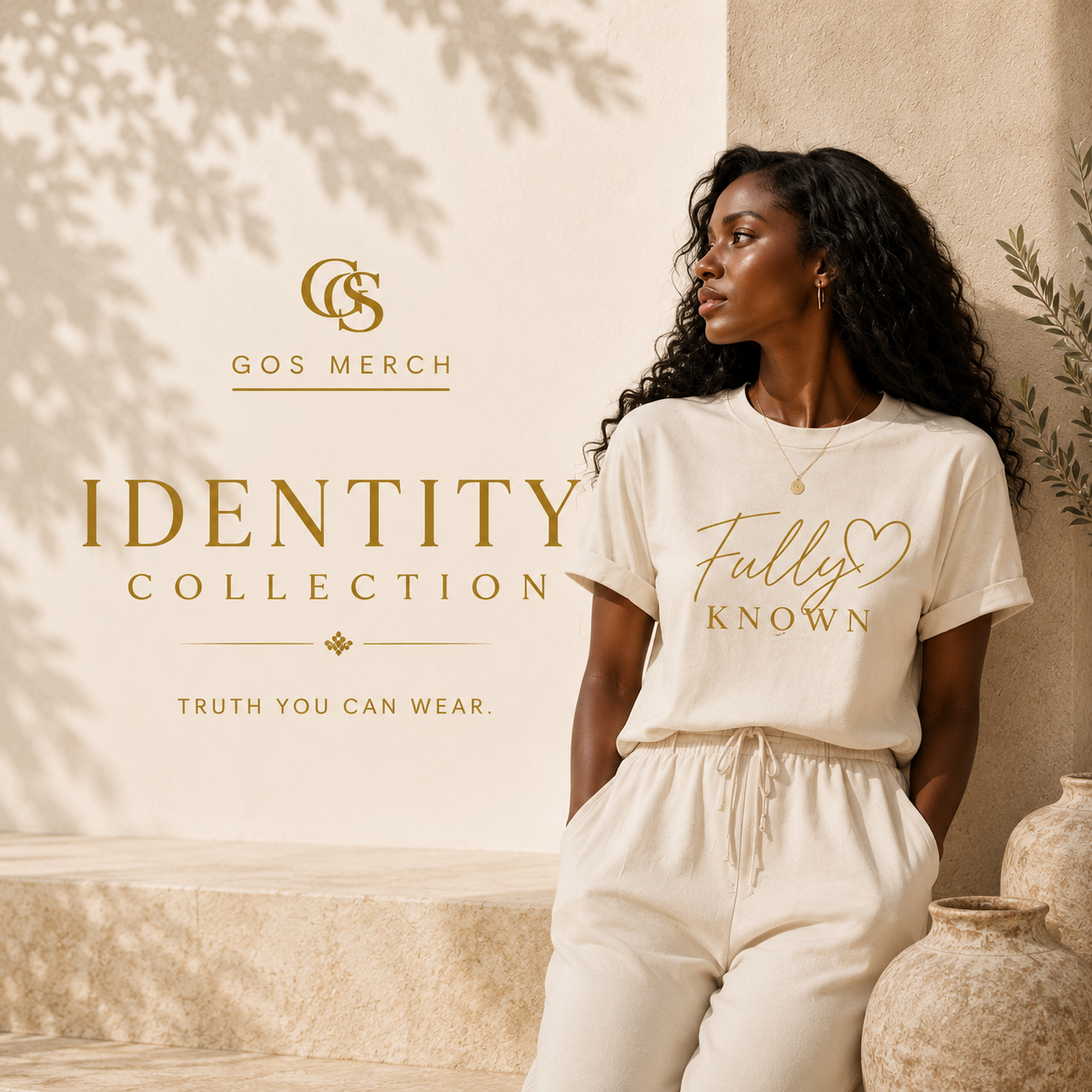 Identity Collection featuring the Fully Known premium Christian T-shirt by GOS MERCH, modeled by an black woman in a refined lifestyle setting that reflects confidence, identity, and timeless Christian style.