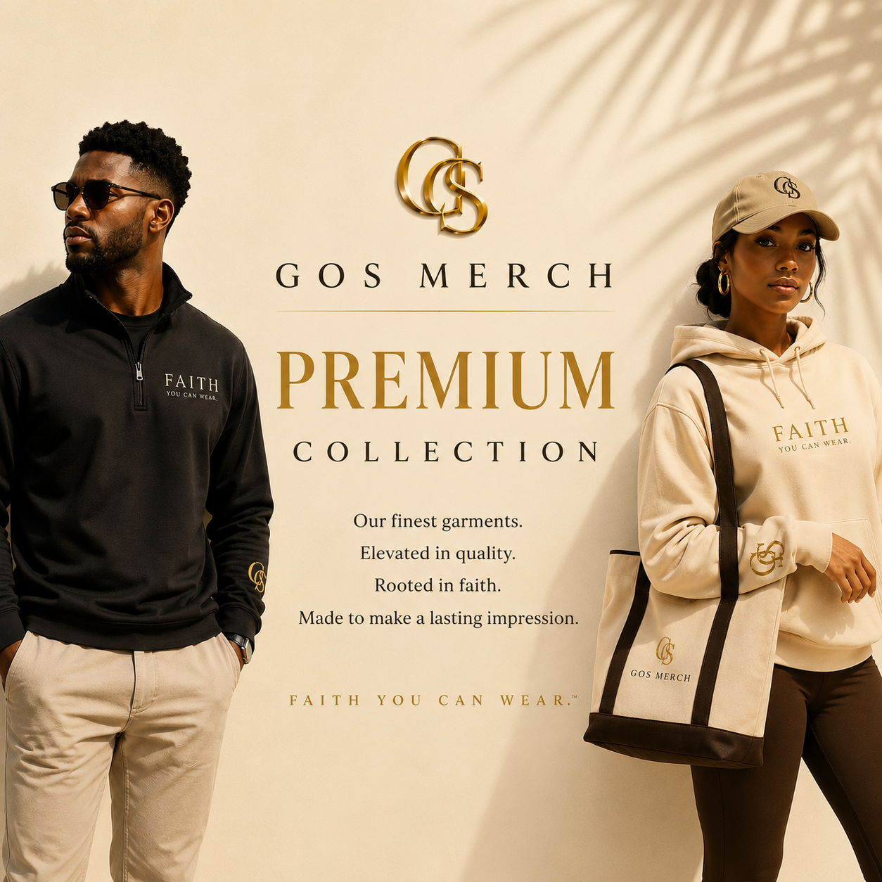 Premium Collection cover featuring a man and woman wearing premium GOS MERCH apparel on a signature cream background with the gold GOS MERCH logo, showcasing elevated Christian fashion and timeless design.