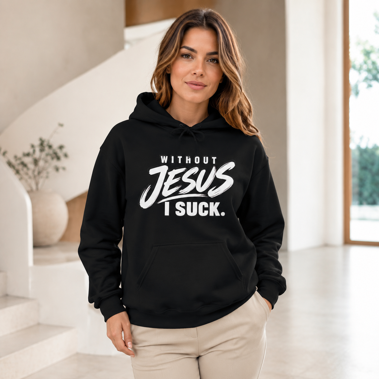 Christian Hoodie "Without Jesus I Suck" – Faith-Based Graphic Pullover