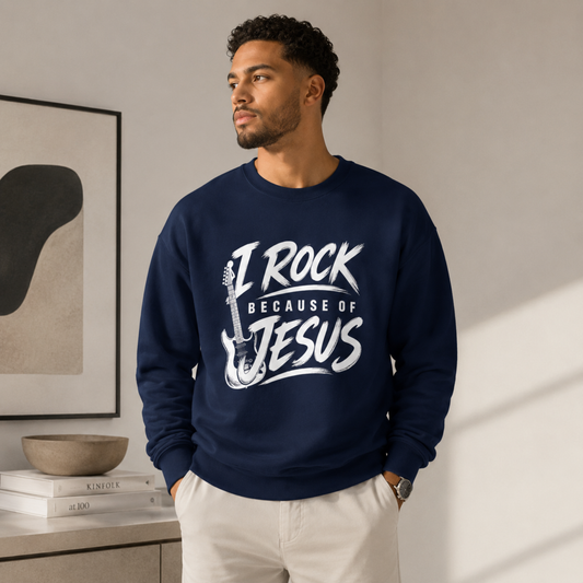 I Rock Because of Jesus Sweatshirt - Christian Guitar Crewneck