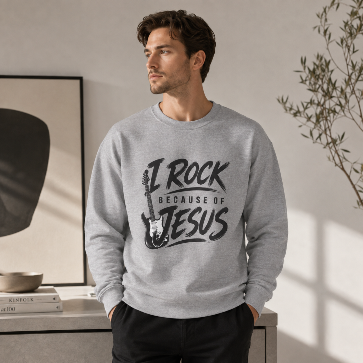 I Rock Because of Jesus Sweatshirt - Christian Guitar Crewneck