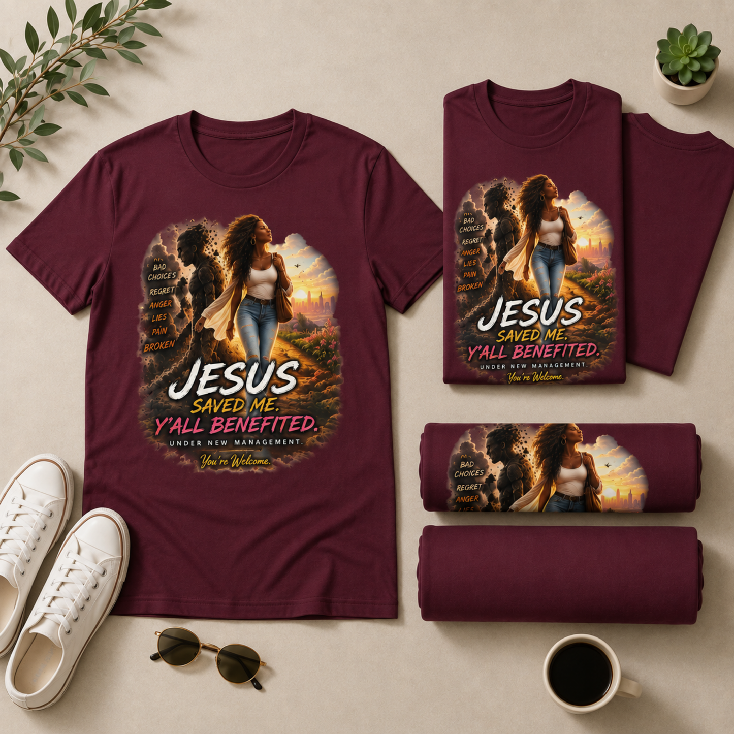 Christian Tee — "Jesus Saved Me, Y'all Benefited" Inspirational Graphic T-Shirt