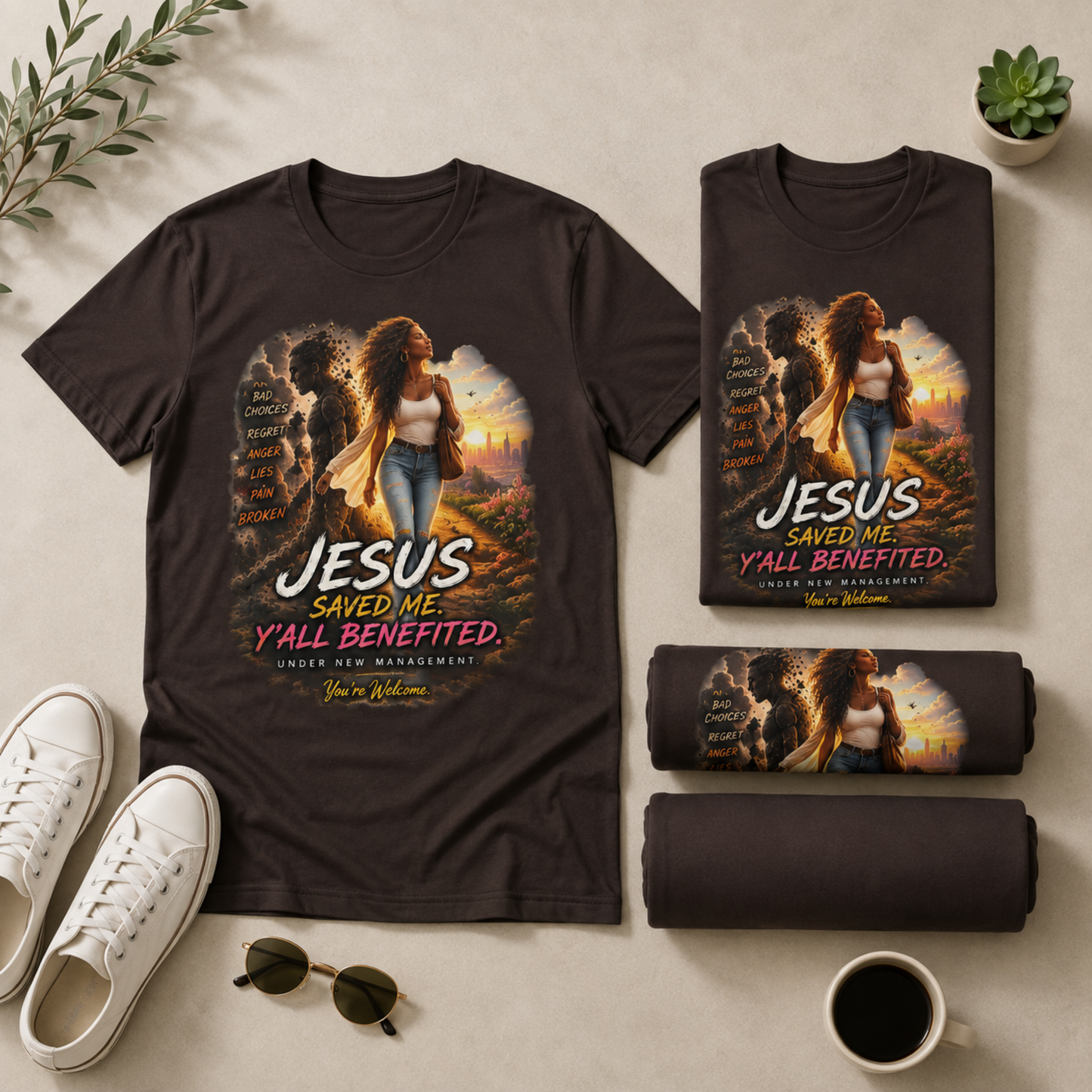 Christian Tee — "Jesus Saved Me, Y'all Benefited" Inspirational Graphic T-Shirt