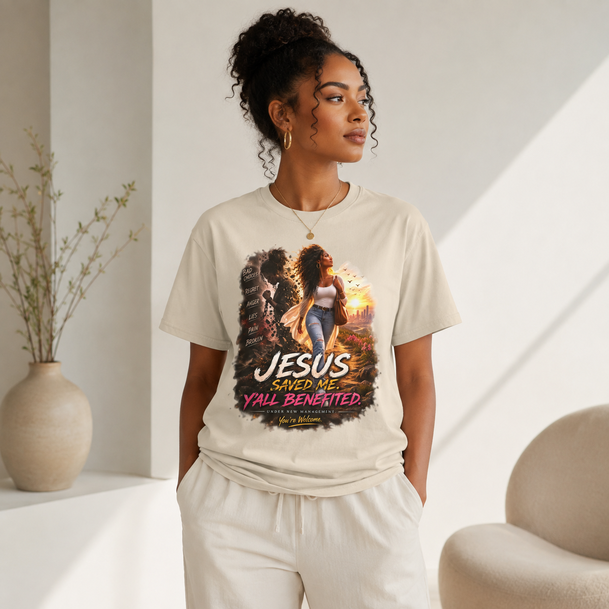 Christian Tee — "Jesus Saved Me, Y'all Benefited" Inspirational Graphic T-Shirt