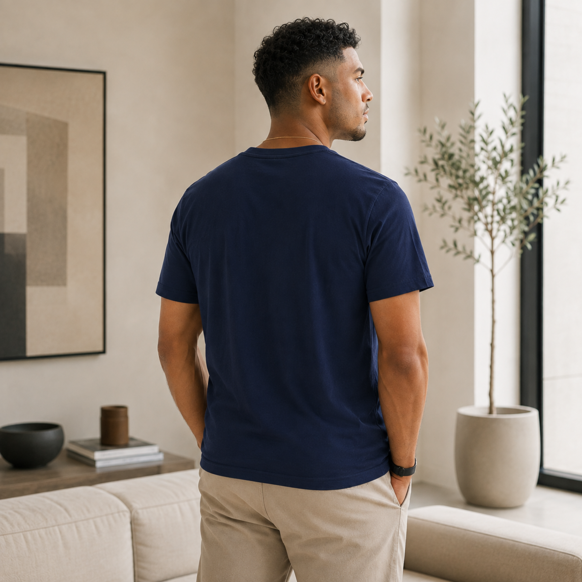 A man wearing a navy blue short-sleeve t-shirt and beige pants, standing in a modern living room and looking out a window.