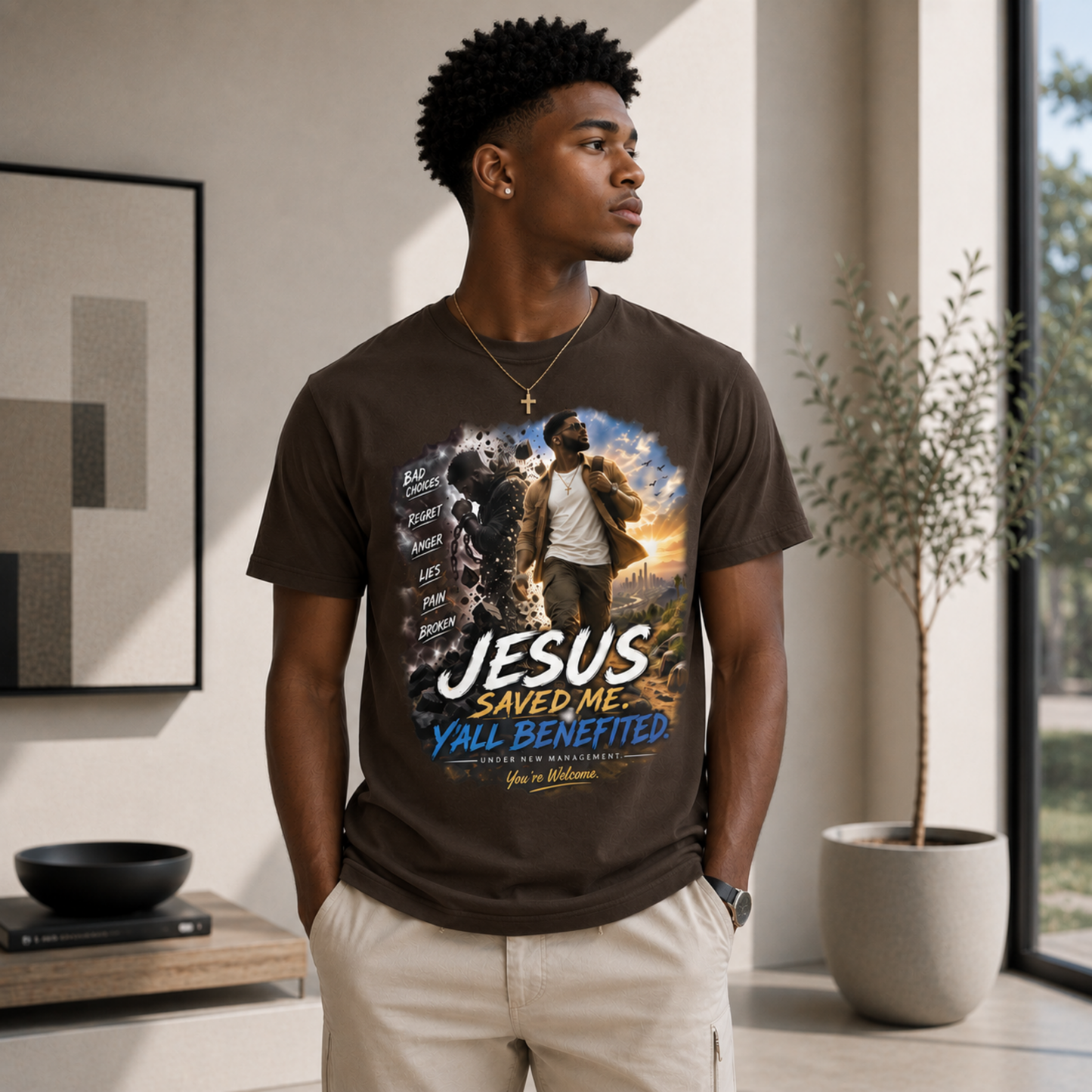 Christian T-Shirt — "Jesus Saved Me, Y'all Benefited" Inspirational Faith Tee