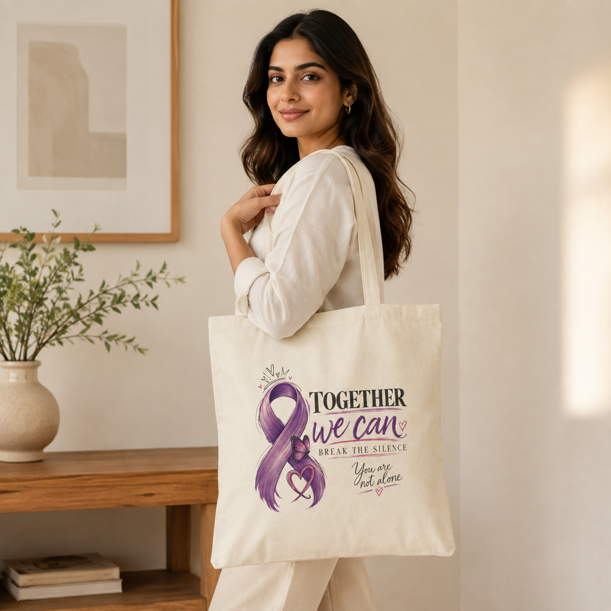 Break the Silence of Domestic Abuse Awareness Tote Bag | Purple Ribbon Canvas Tote