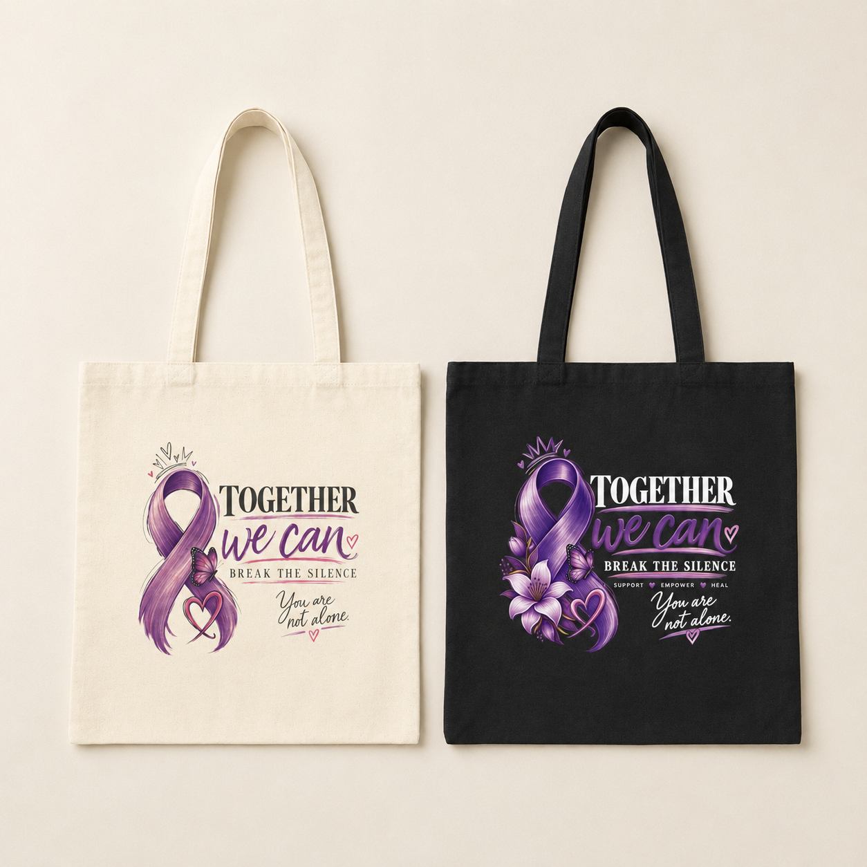Break the Silence of Domestic Abuse Awareness Tote Bag | Purple Ribbon Canvas Tote