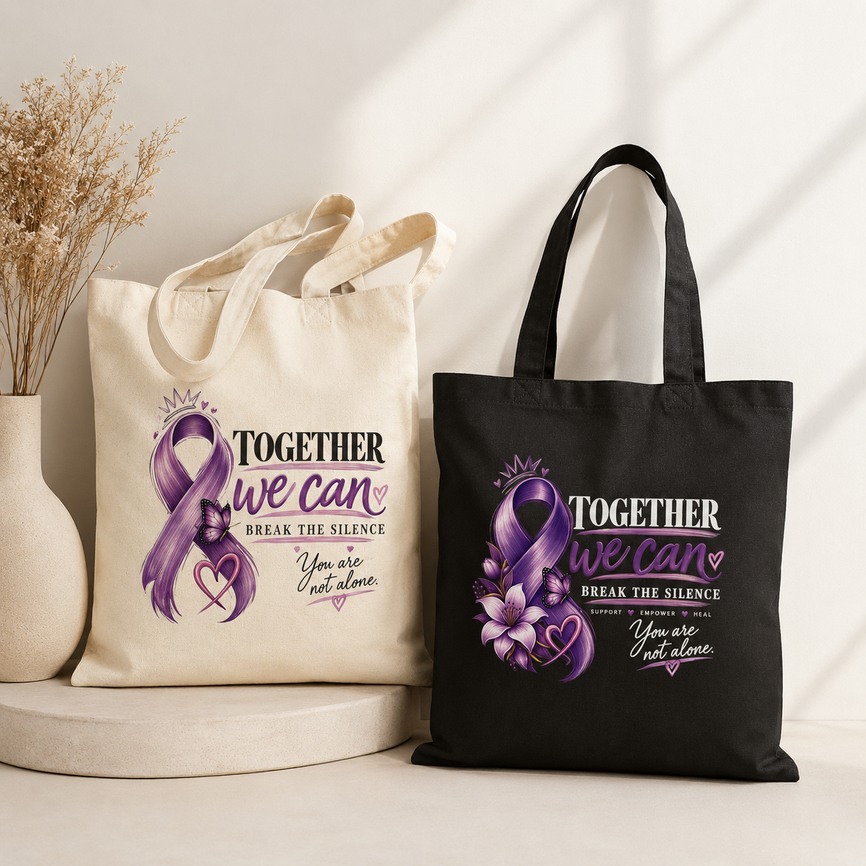 Break the Silence of Domestic Abuse Awareness Tote Bag | Purple Ribbon Canvas Tote