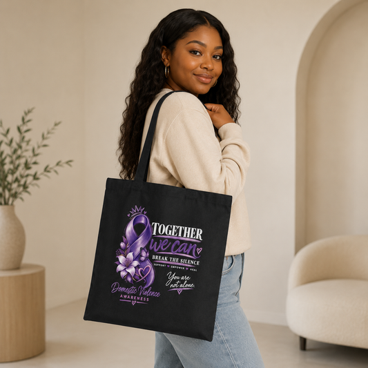 Break the Silence of Domestic Abuse Awareness Tote Bag | Purple Ribbon Canvas Tote