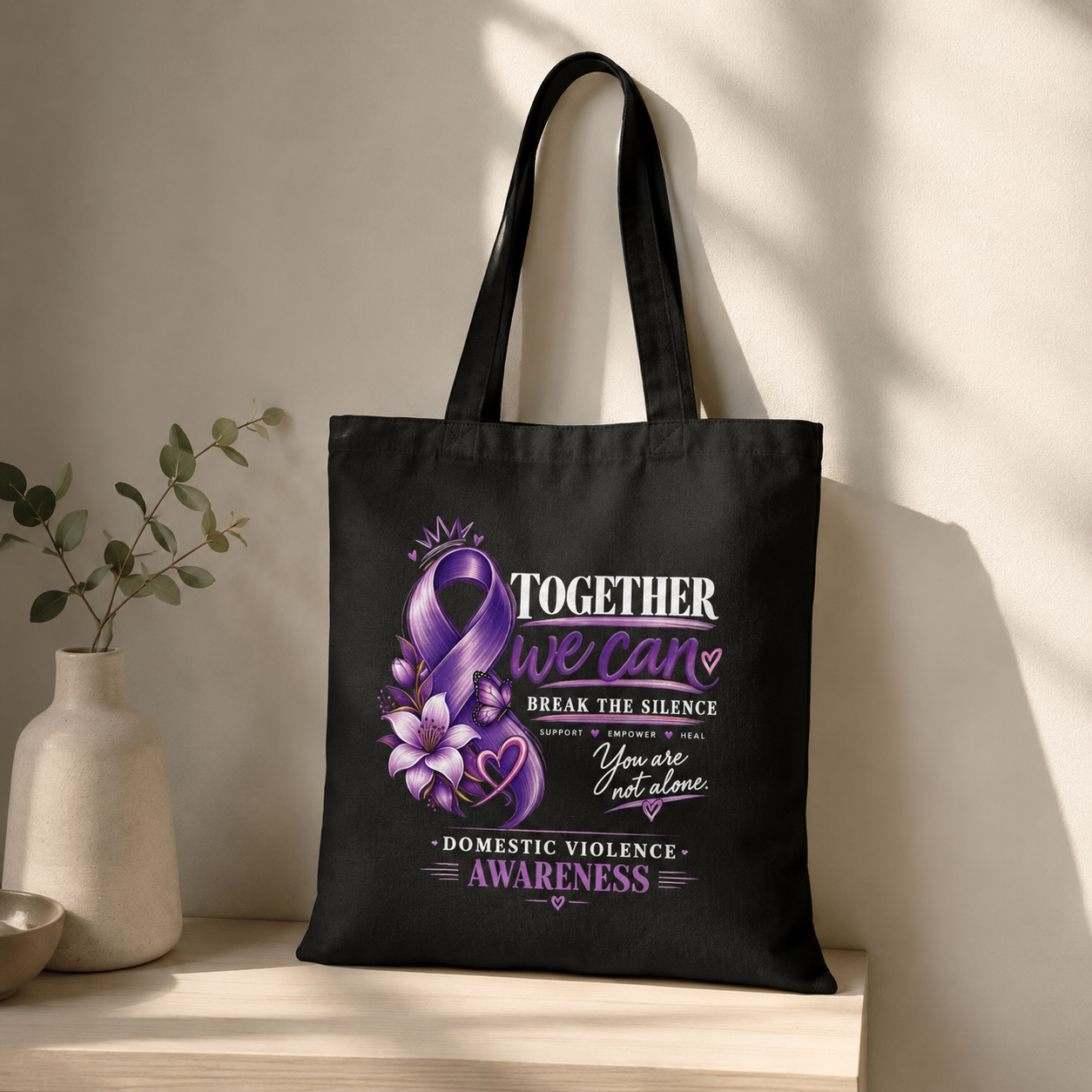 Break the Silence of Domestic Abuse Awareness Tote Bag | Purple Ribbon Canvas Tote
